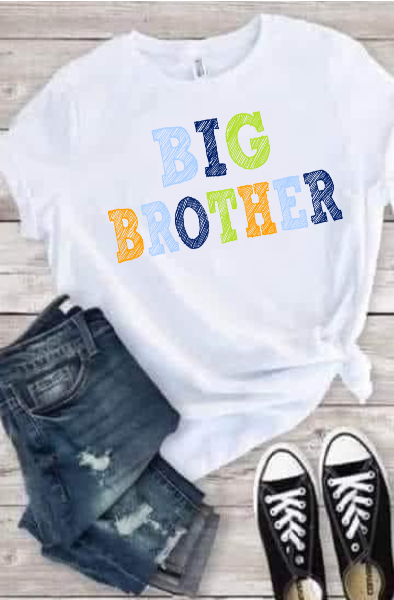 Big Brother T-shirt with colorful lettering on white fabric, paired with jeans and sneakers.