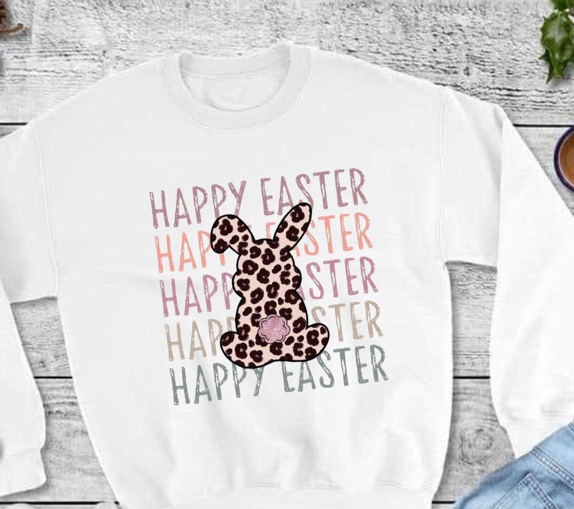 Happy Easter sweatshirt featuring leopard print bunny design.