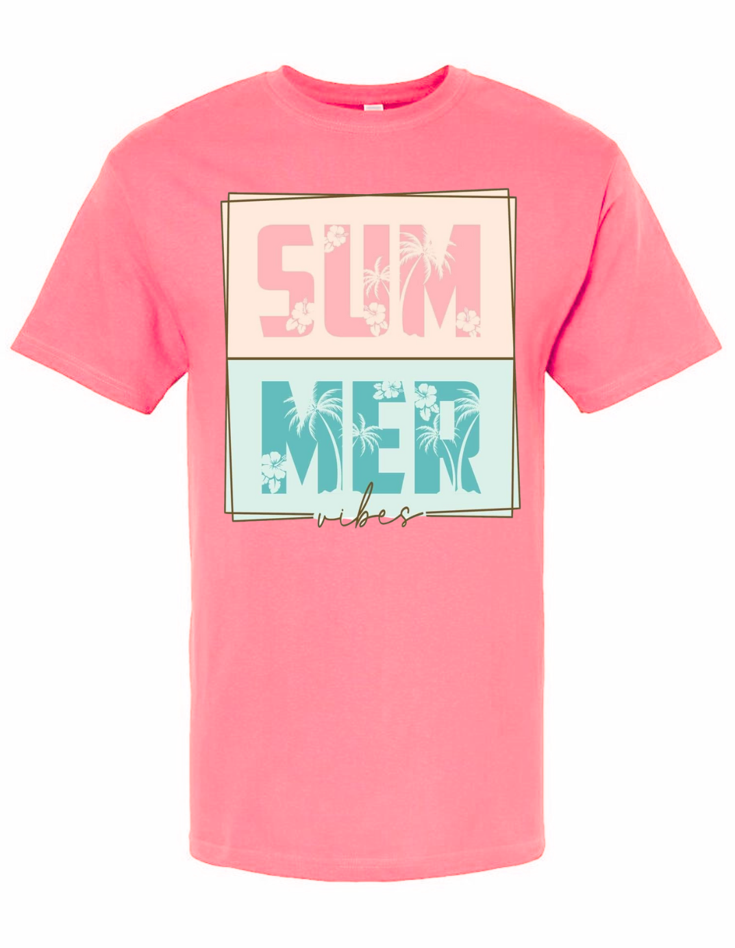 Summer Vibes T-shirt in pink, featuring tropical design, Gildan brand, 50/50 blend or 100% cotton options.