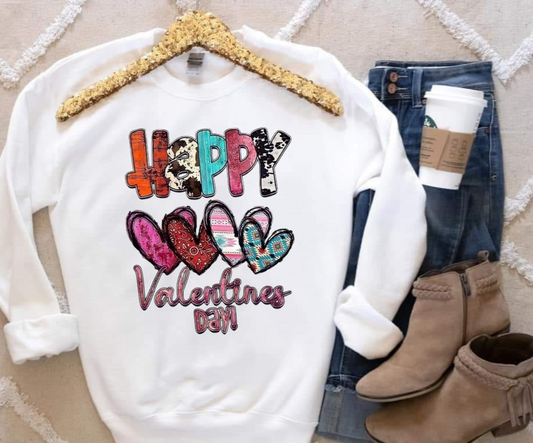 Happy Valentine's Day sweatshirt, Gildan brand, 50/50 blend, white with colorful heart design.