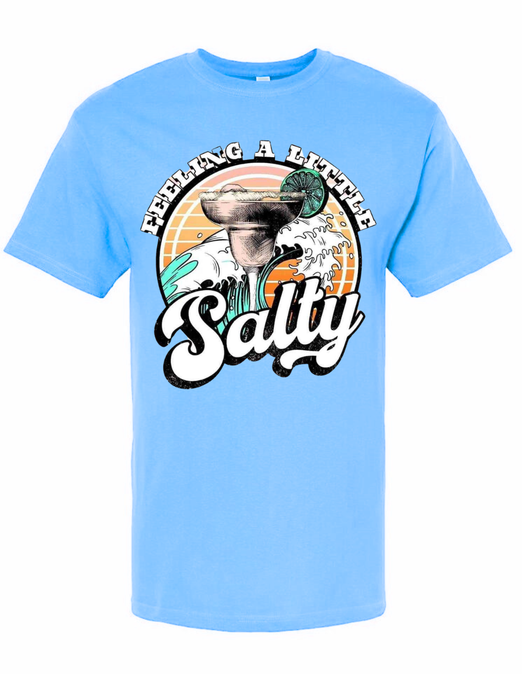 Feeling a Little Salty T-shirt with colorful design on blue fabric.
