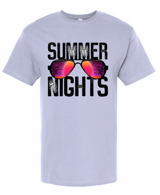 Summer Nights T-shirt with sunglasses graphic, Gildan brand, 50/50 blend or 100% cotton.