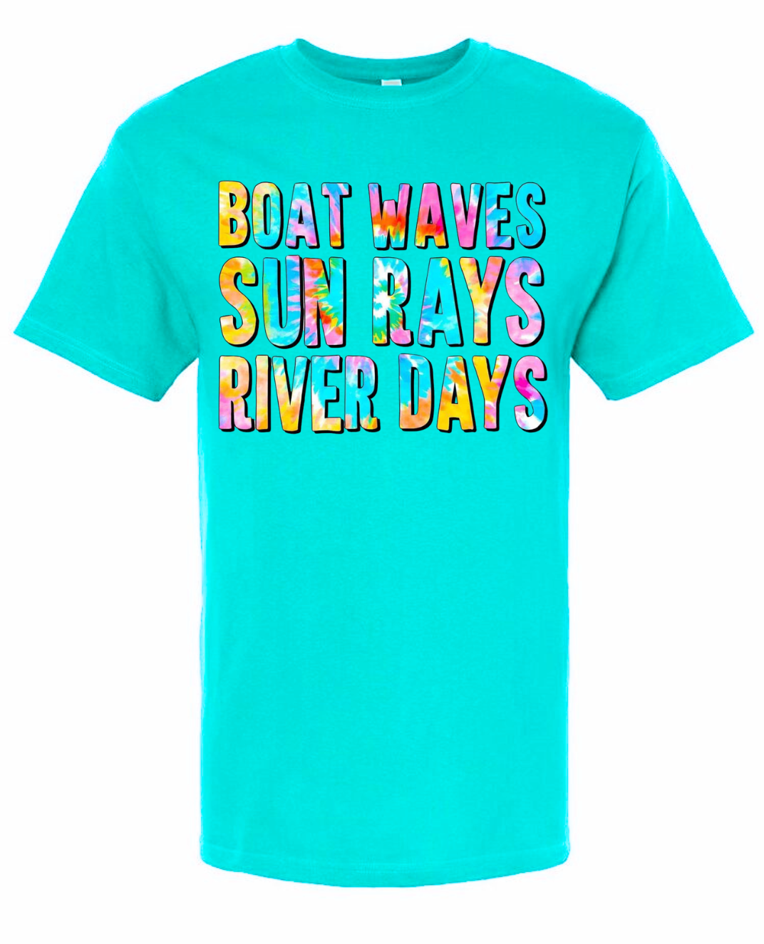 Turquoise Gildan t-shirt featuring colorful "Boat Waves Sun Rays River Days" text design.