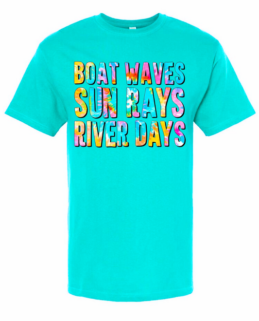 Turquoise Gildan t-shirt featuring colorful "Boat Waves Sun Rays River Days" text design.