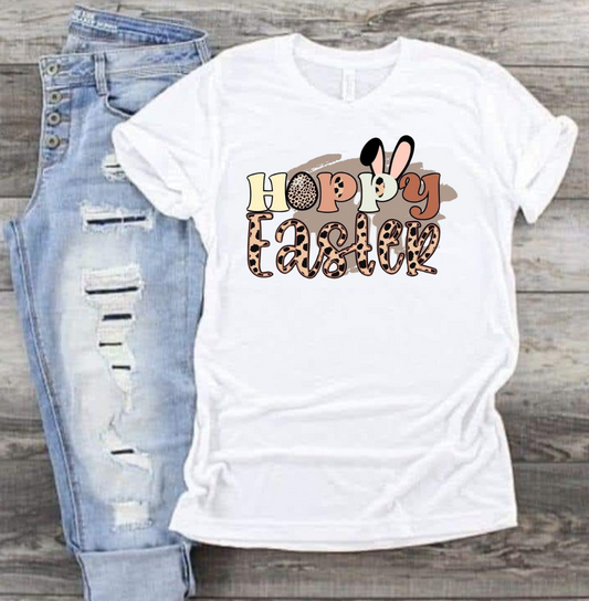 Hoppy Easter shirt with leopard print design on a white T-shirt.