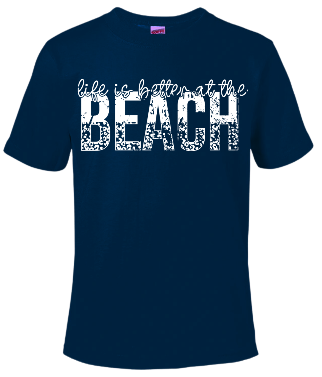 Life Is Better At The Beach navy blue T-shirt, Gildan brand, 100% cotton or 50/50 blend.