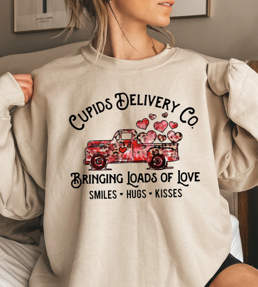 Cupid Delivery sweatshirt, Gildan brand, 50/50 blend.