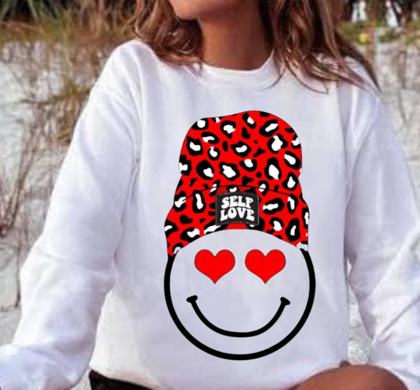 Gildan Self Love sweatshirt with smiley face and heart eyes design.