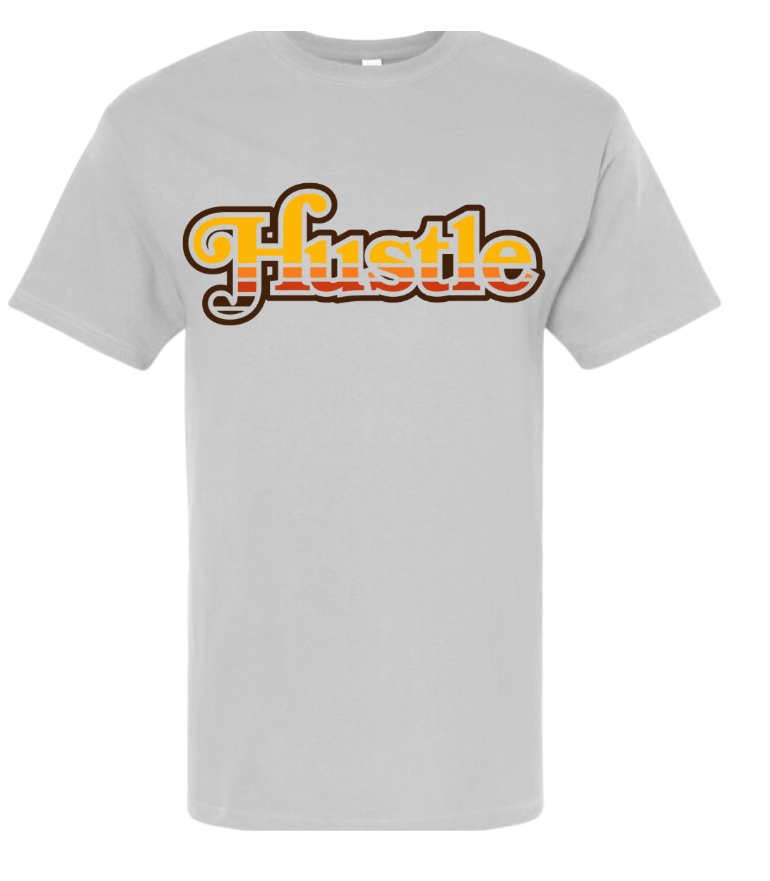 Hustle Tshirt with bold lettering on gray fabric, perfect for active and casual wear.