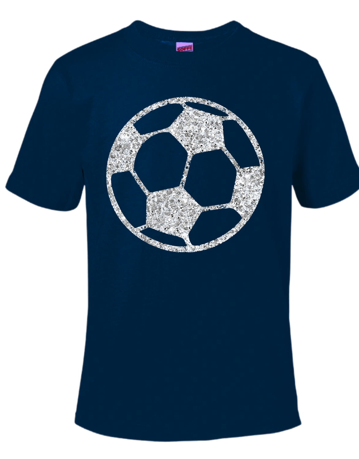 Soccer Tshirt with large soccer ball graphic on navy blue fabric.