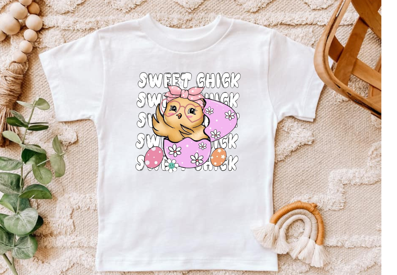 Sweet Chick Easter shirt with vibrant chick design and logo.