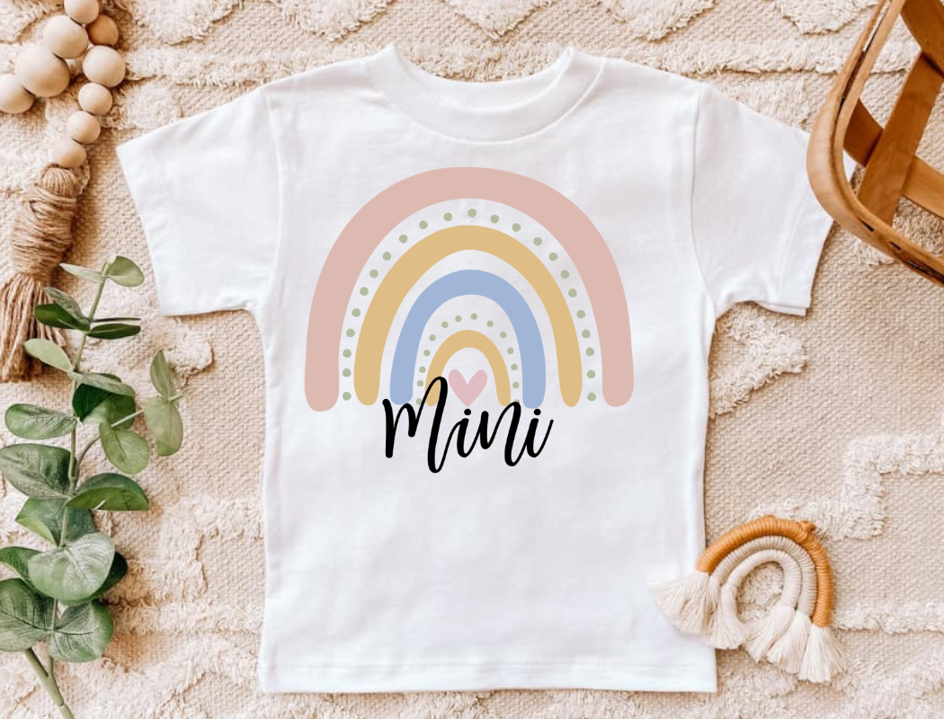 Mini Rainbow infant and toddler shirt with pastel rainbow design.
