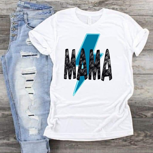 Mama- Lightning Bolt shirt with bold design on white fabric, paired with distressed jeans.
