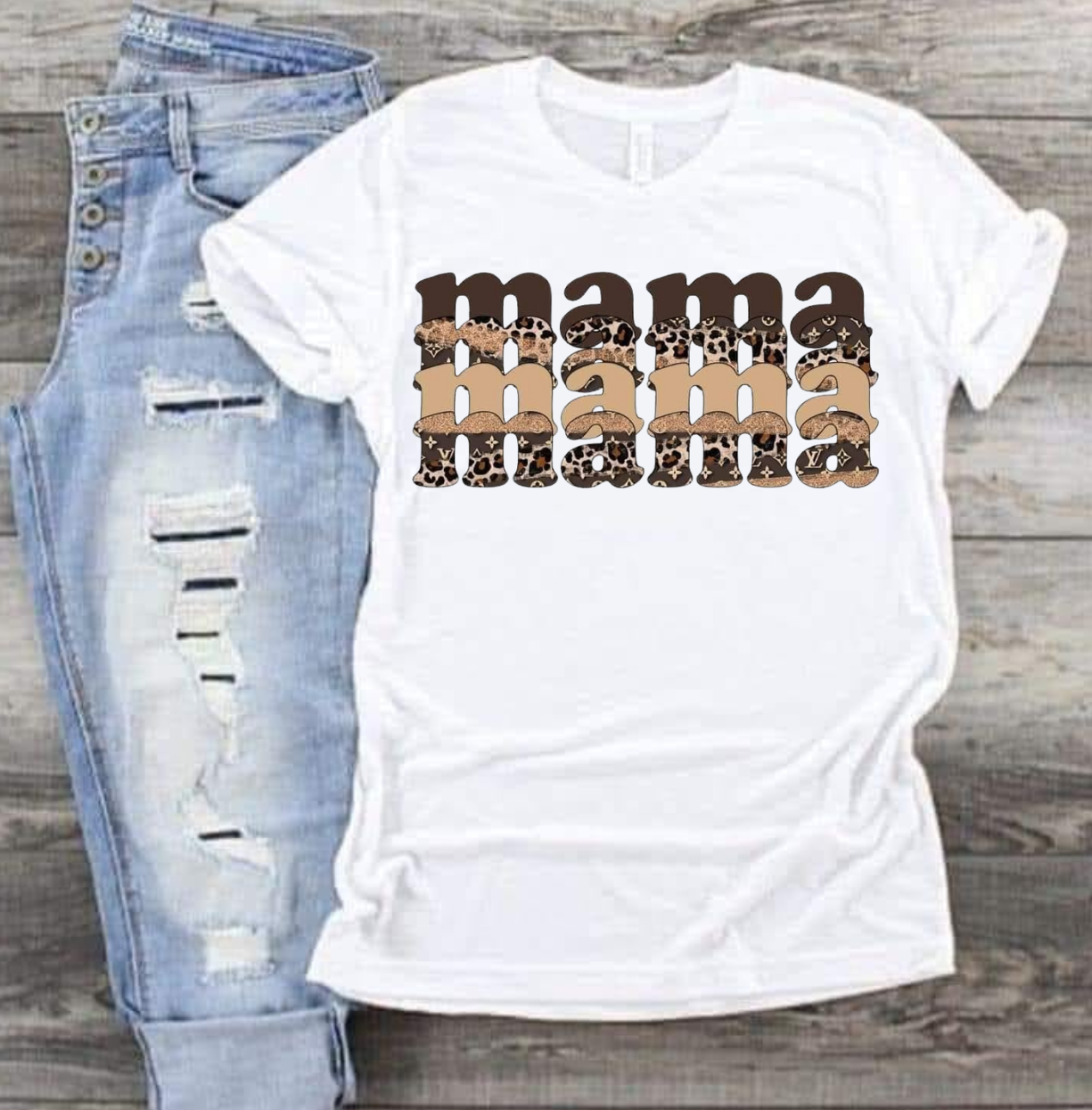 Mama Mama Mama sweatshirt or T-shirt in white, featuring bold text design with distressed jeans.