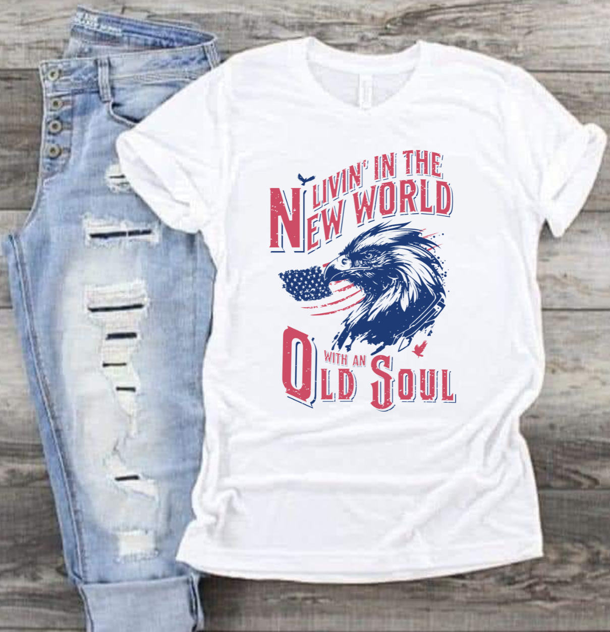 Livin In A New World With An Old Soul shirt with vintage text and graphic design.