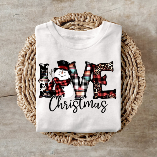 Love Christmas shirt with cheerful snowman design.