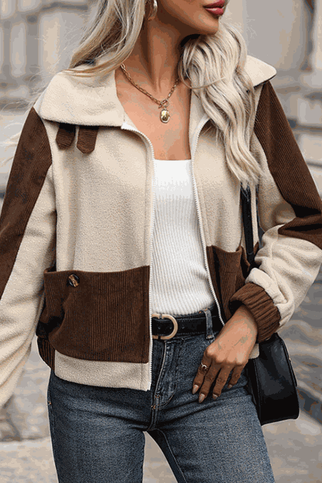 Brown Colorblock Rockabilly Zip Clash Jacket worn by model with white top and jeans.