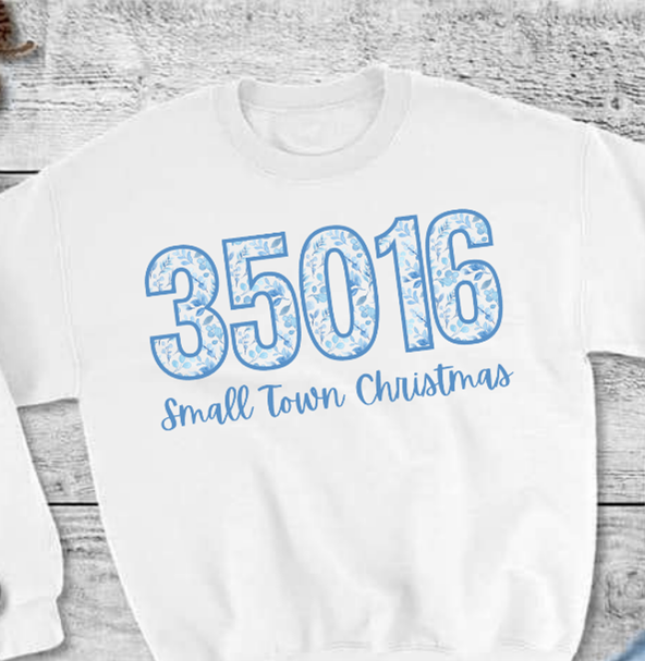 Small Town Christmas sweatshirt with customizable zip code design.