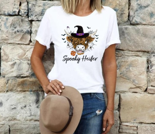 Spooky Heifer Tshirt with Halloween cow design, perfect for festive parties.