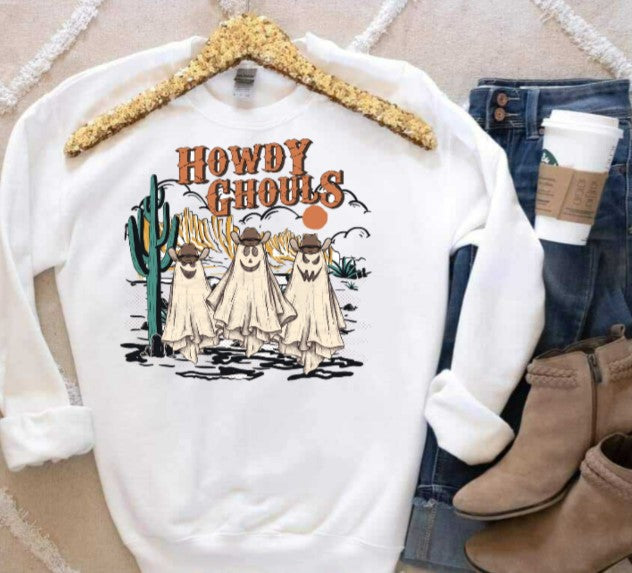 Howdy Ghouls shirt with ghostly cactus design, perfect for Halloween.