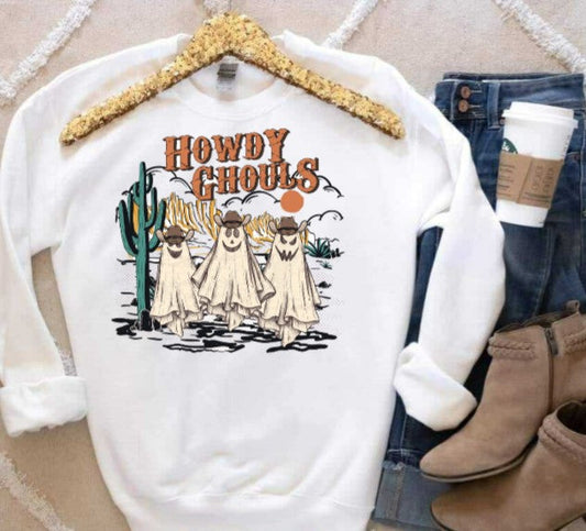 Howdy Ghouls shirt with ghostly cactus design, perfect for Halloween.