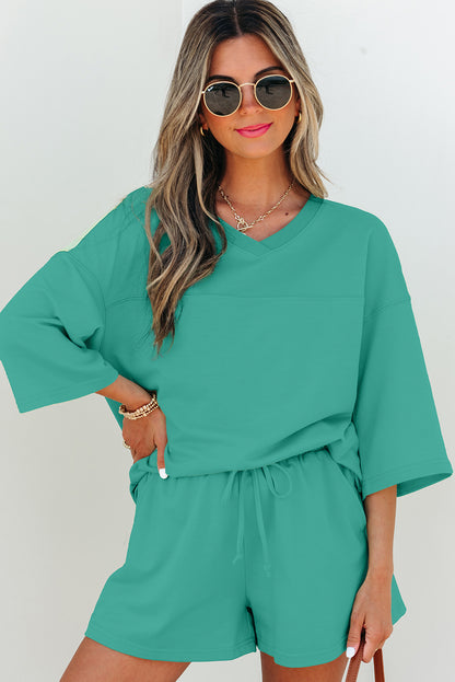Solid Loose V Neck Half Sleeve Set
