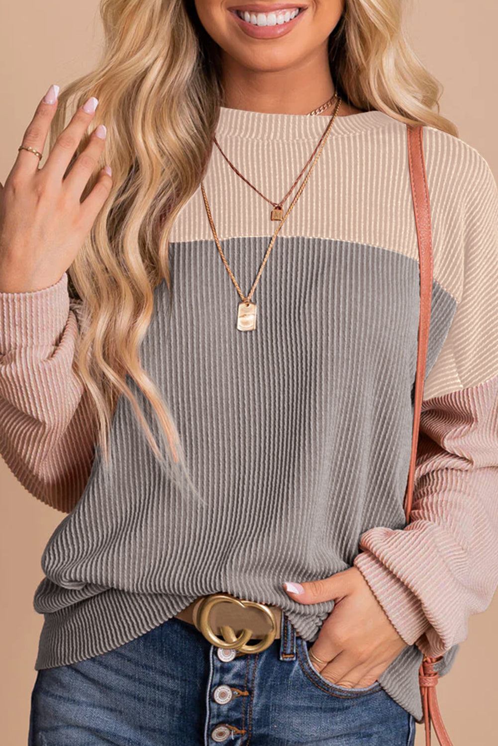 Color Block Long Sleeve Ribbed Loose Top
