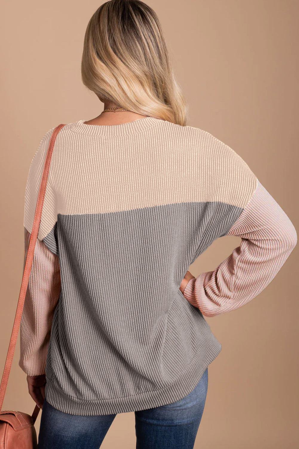 Color Block Long Sleeve Ribbed Loose Top
