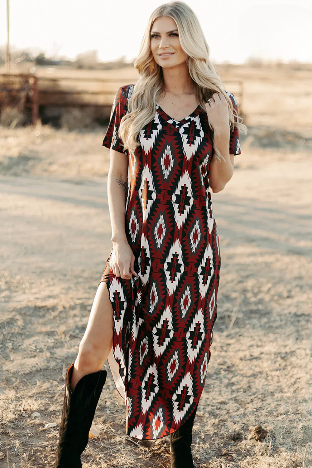 Western Aztec Printed Long T-shirt Dress