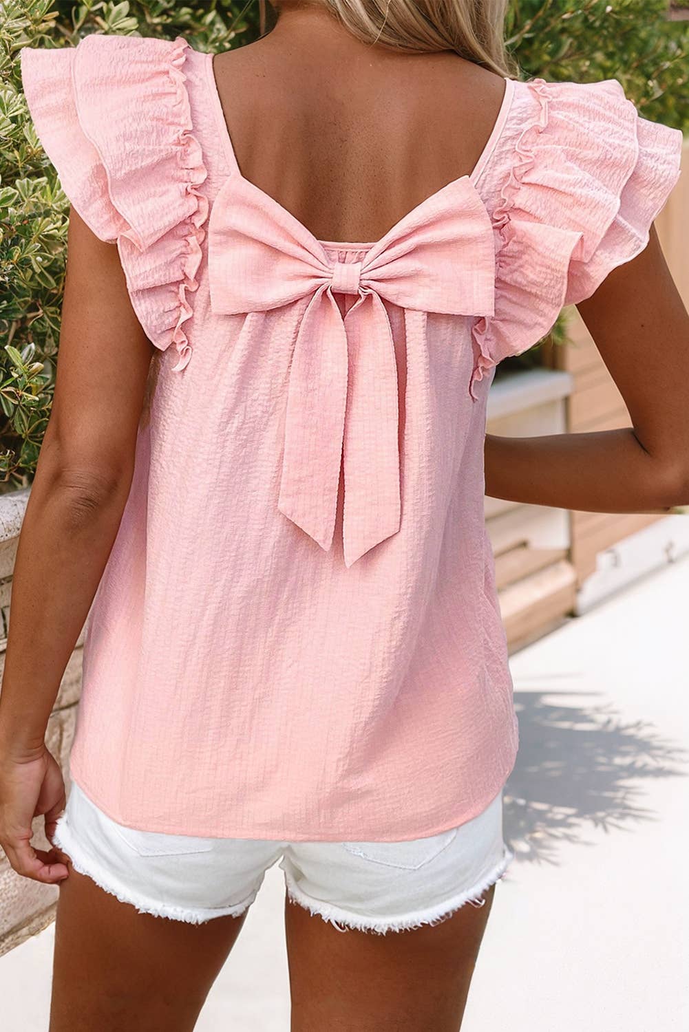 Textured Bow Knot Frilled Butterfly Sleeve Blouse