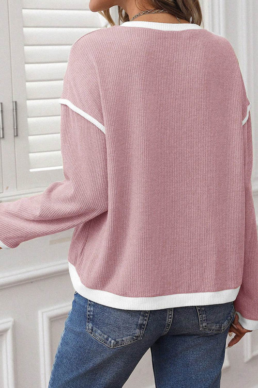 Contrast Color Trim Knit Drop Shoulder Loose Top