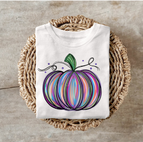 Pumpkin shirt with teal and pink design, perfect for fall and Thanksgiving outfits.