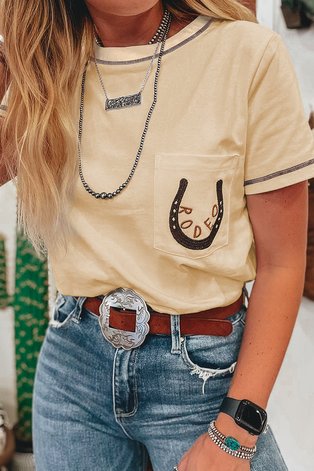 Graphic T-Shirt- RODEO Horseshoe Embroidered Patch Pocket