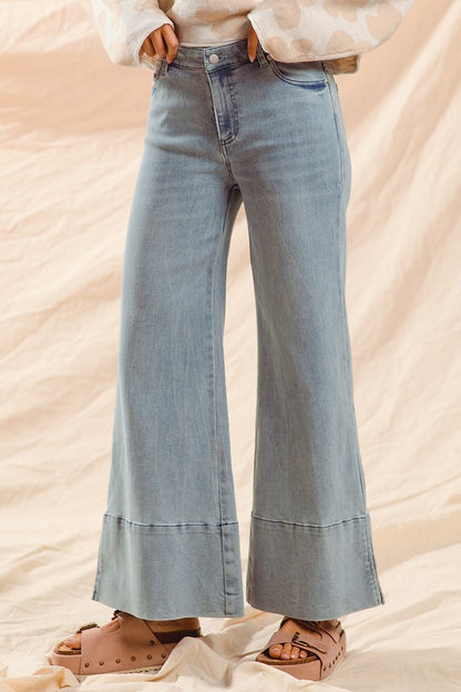 Wide Leg Flare Denim Jeans With Side Slits