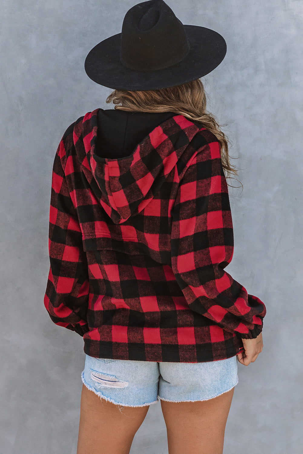 Fiery Red Buffalo Plaid Zipped Front Pocketed Hoodie