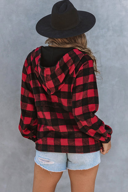 Fiery Red Buffalo Plaid Zipped Front Pocketed Hoodie