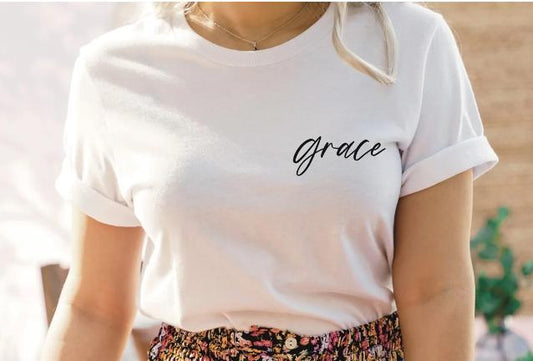 Stylish Grace Gratitude and Grit shirt with elegant script design promoting empowerment.