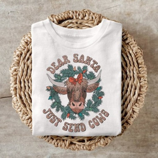 Dear Santa Just Send Cows sweatshirt featuring cow illustration, Gildan brand, 50/50 blend.