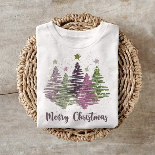Merry Christmas purple and green sweatshirt with tree design, Gildan 50/50 blend.