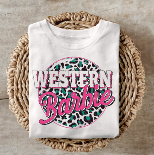 Western Barbie shirt with iconic Barbie horse logo and vibrant leopard print design.